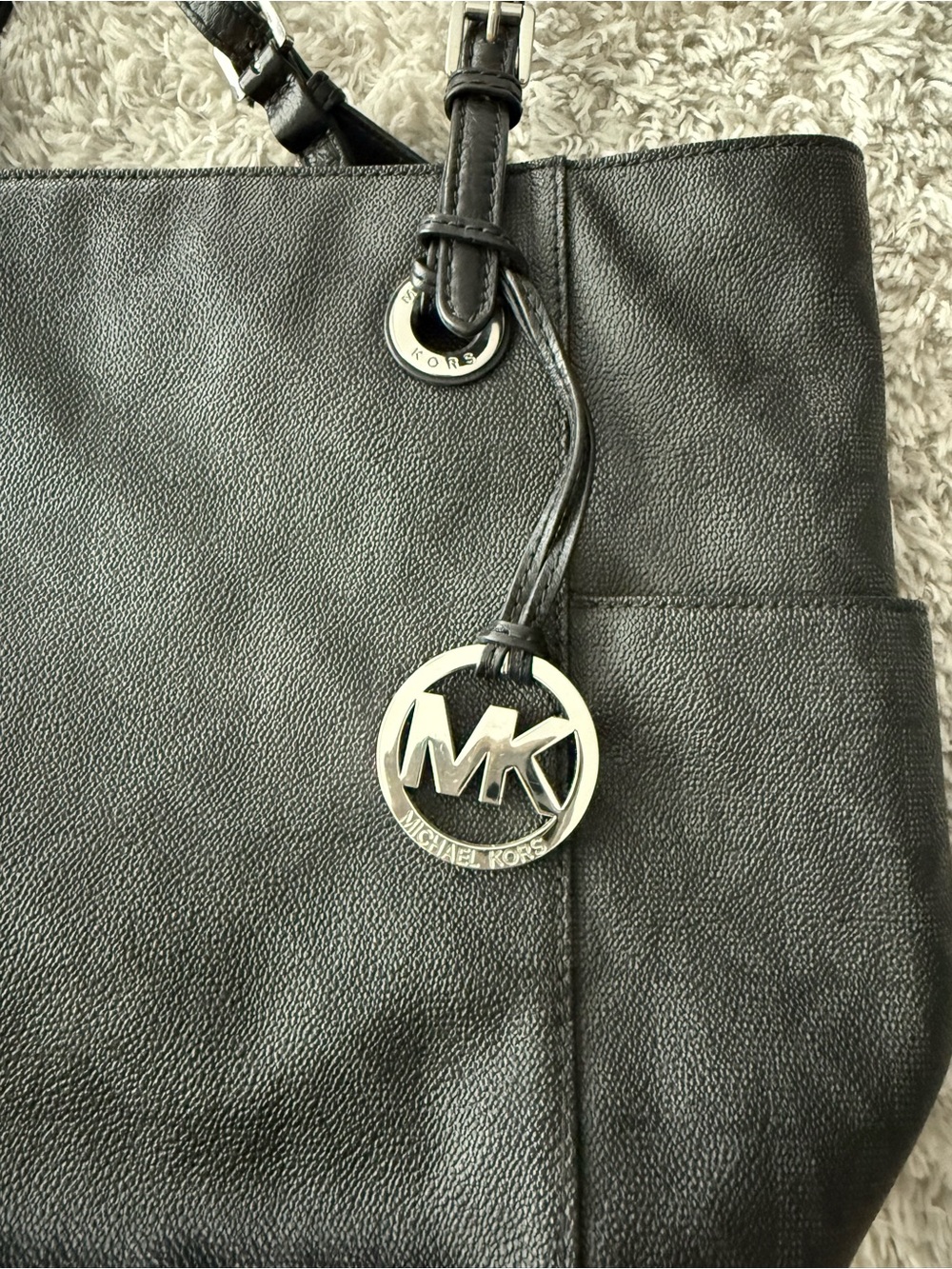 Michael Kors Black Leather Tote with Silver MK Charm